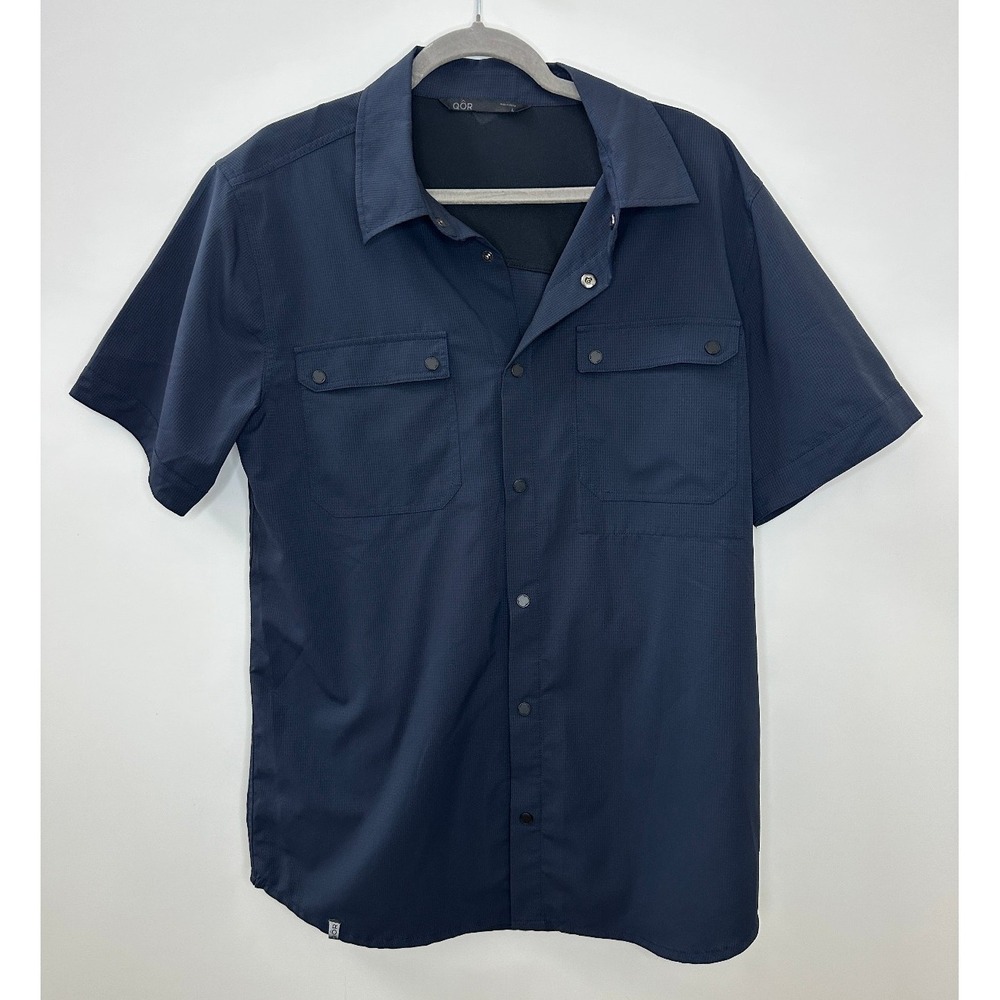 QOR Short Sleeve Snap Button Up Pocket Shirt Navy Blue Men's Large Vented Back - Picture 10 of 10